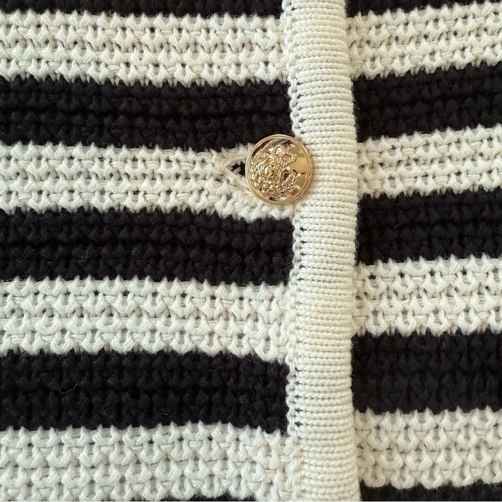 Striped Black and White Women's Cardigan Sweater w/ Gold Buttons, Size L - Picture 6 of 10